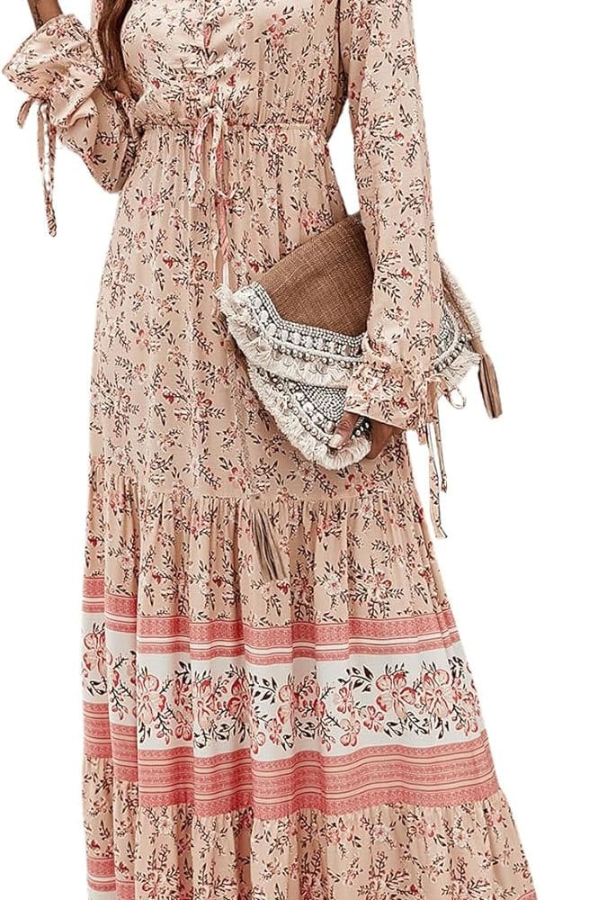 Women's Floral Print Boho V Neck Long Sleeve Flowy Maxi Dress
