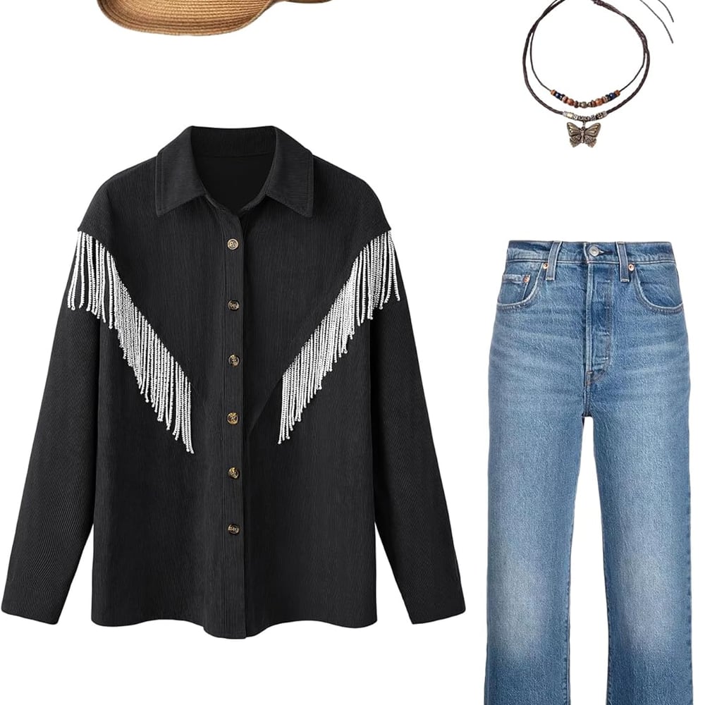 Womens Corduroy Nashville Sparkly Rhinestone Fringe Shacket Concert Outfits Long Sleeves Spakle Tassel Shirt Jacket