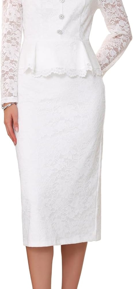 Women's Lace Suits for Church 2 Pieces Outfits Peplum Top Wedding Cocktail Skirt Sets