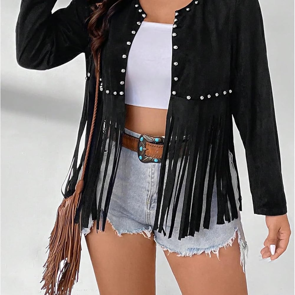 Women's Plus Size Beaded Tassel Trim Open Front Long Sleeve Music Festival Jacket