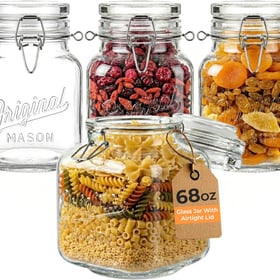 MosJos 4-PACK 68oz Glass Food Storage Jars with Airtight Clamp Lids, 4 Pack Large Kitchen Canisters for Flour, Cereal, Coffee, Pasta and Canning, Square Mason Jar