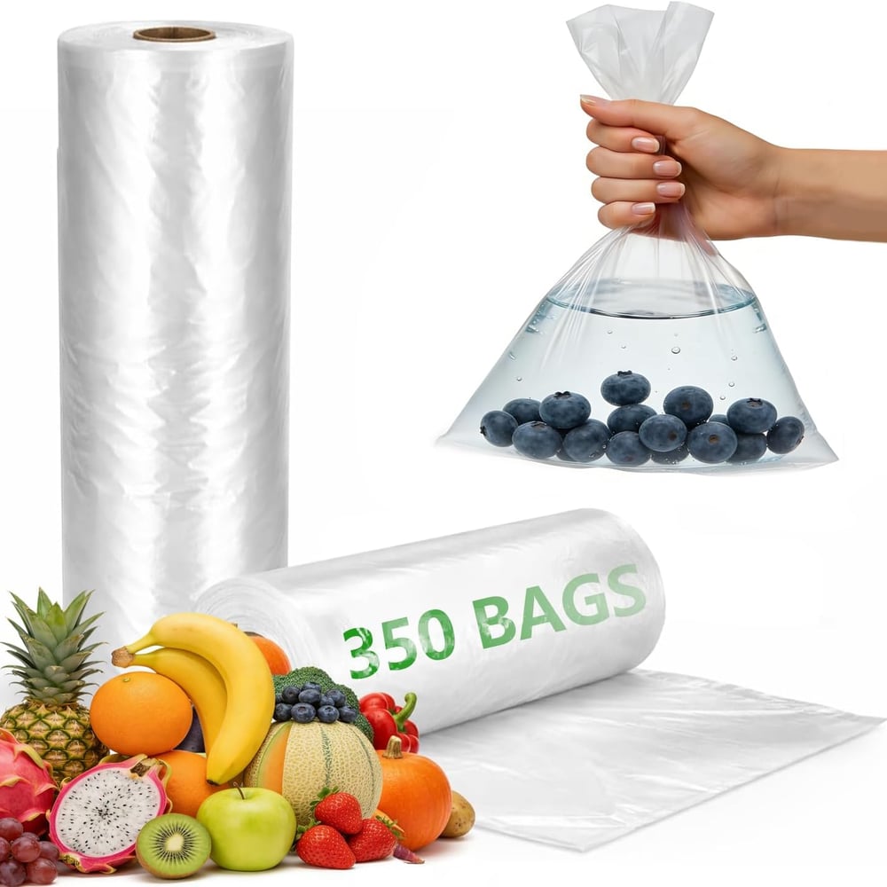 9527 Product 12" x 20" Clear Plastic Produce Bag, Food Storage Bag on a Roll, 350 Bags One Roll, Freeze/Heat Clear Bag for Bread, Meat, Vegetables, Fruits