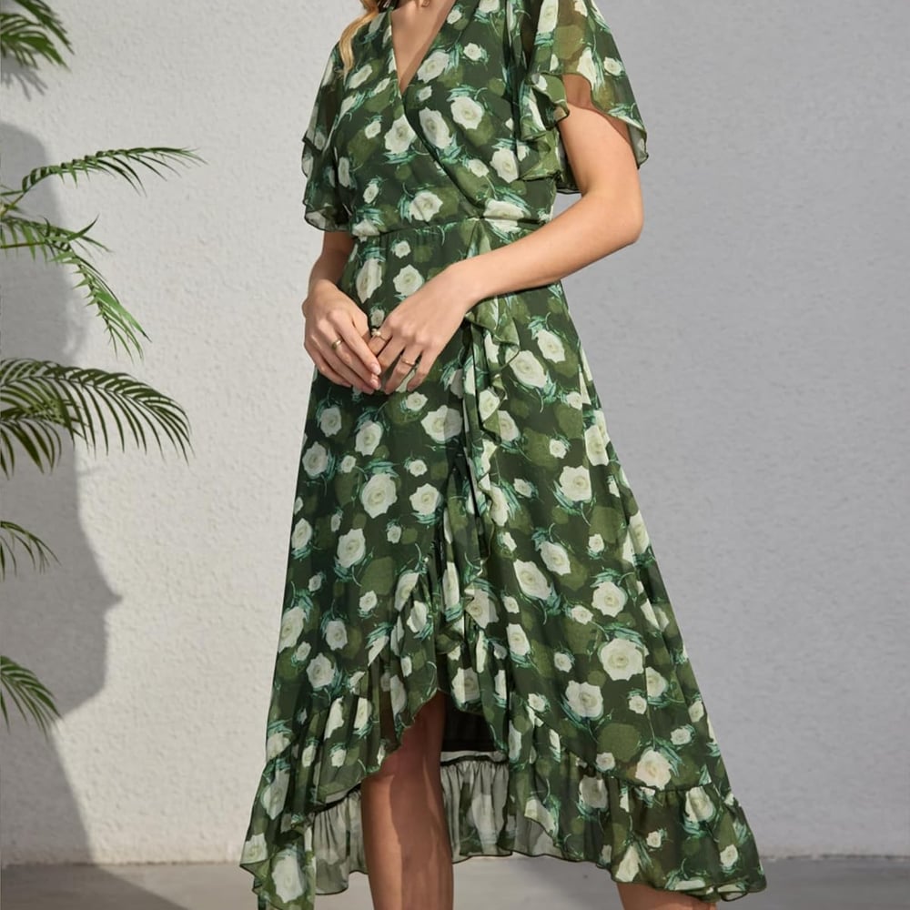 Women's 2026 Summer Flutter Short Sleeve WrapV Neck Ruffle Asymmetrical Hem Floral Printed Cocktail Dress