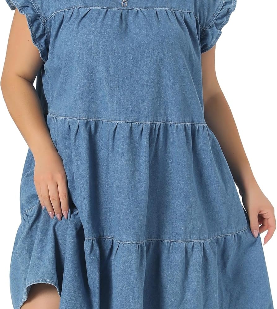 Plus Size Denim Dress for Women 2026 Summer Babydoll Ruffle Sleeve Loose Flowy Swing Pleated Jean Dresses