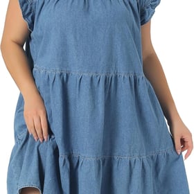 Plus Size Denim Dress for Women 2026 Summer Babydoll Ruffle Sleeve Loose Flowy Swing Pleated Jean Dresses
