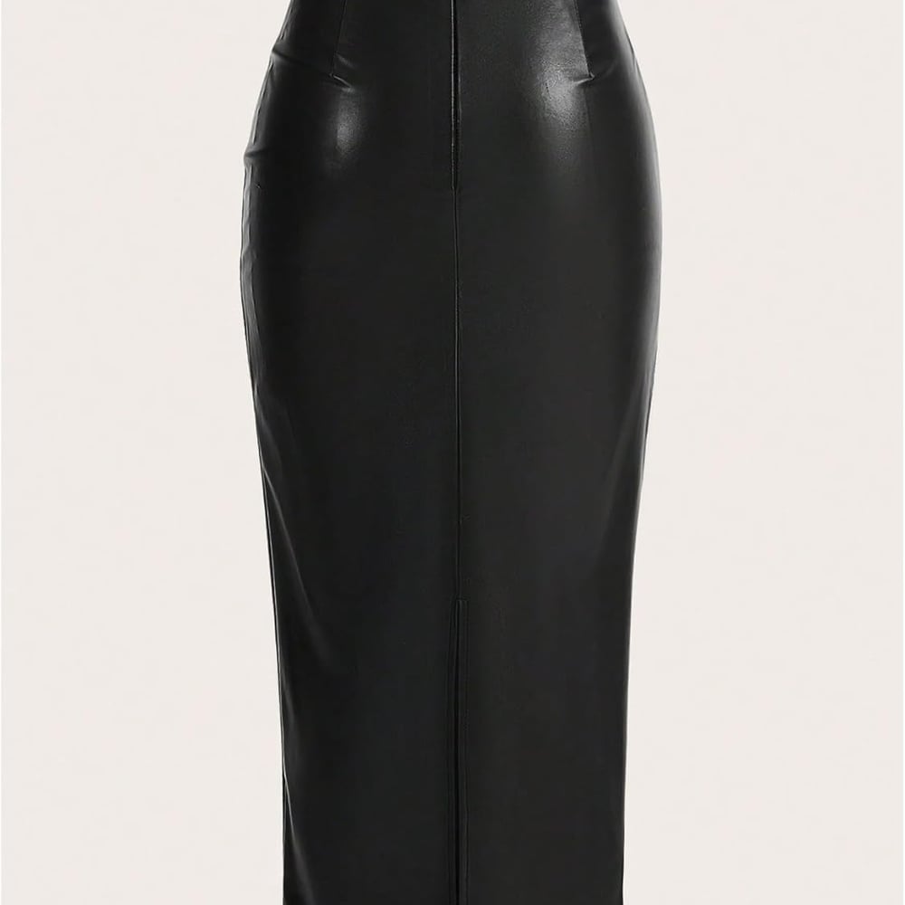 Women's Ruched PU Leather Bodycon Long Skirt Slit Back Zip Up Cocktail Pencil Skirts