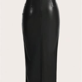 Women's Ruched PU Leather Bodycon Long Skirt Slit Back Zip Up Cocktail Pencil Skirts