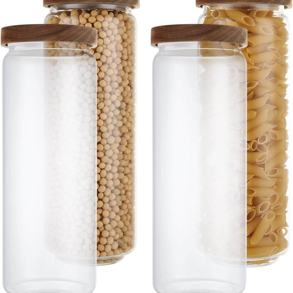 CertBuy 4 Pack 42OZ Glass Food Storage Jars with Lids, Glass Jars with Wooden Lids, Food Containers with Airtight for Pasta, Cookies, Nuts, Coffee, Cereal, Flour, Screw On Kitchen Jars