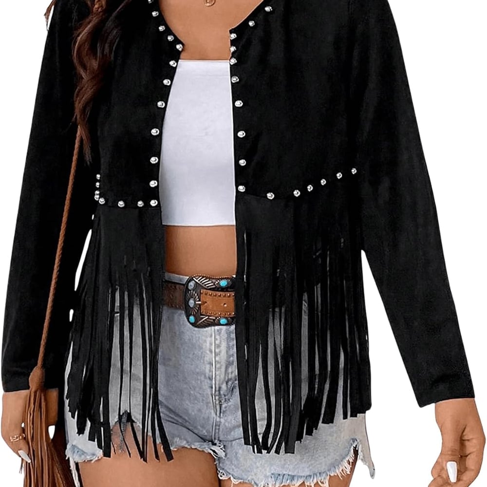 Women's Plus Size Beaded Tassel Trim Open Front Long Sleeve Music Festival Jacket