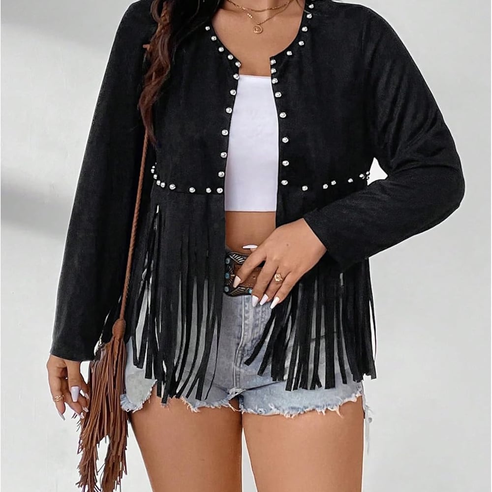 Women's Plus Size Beaded Tassel Trim Open Front Long Sleeve Music Festival Jacket