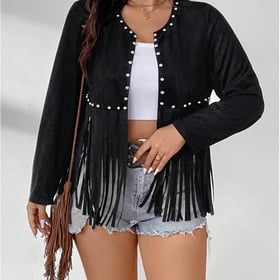 Women's Plus Size Beaded Tassel Trim Open Front Long Sleeve Music Festival Jacket