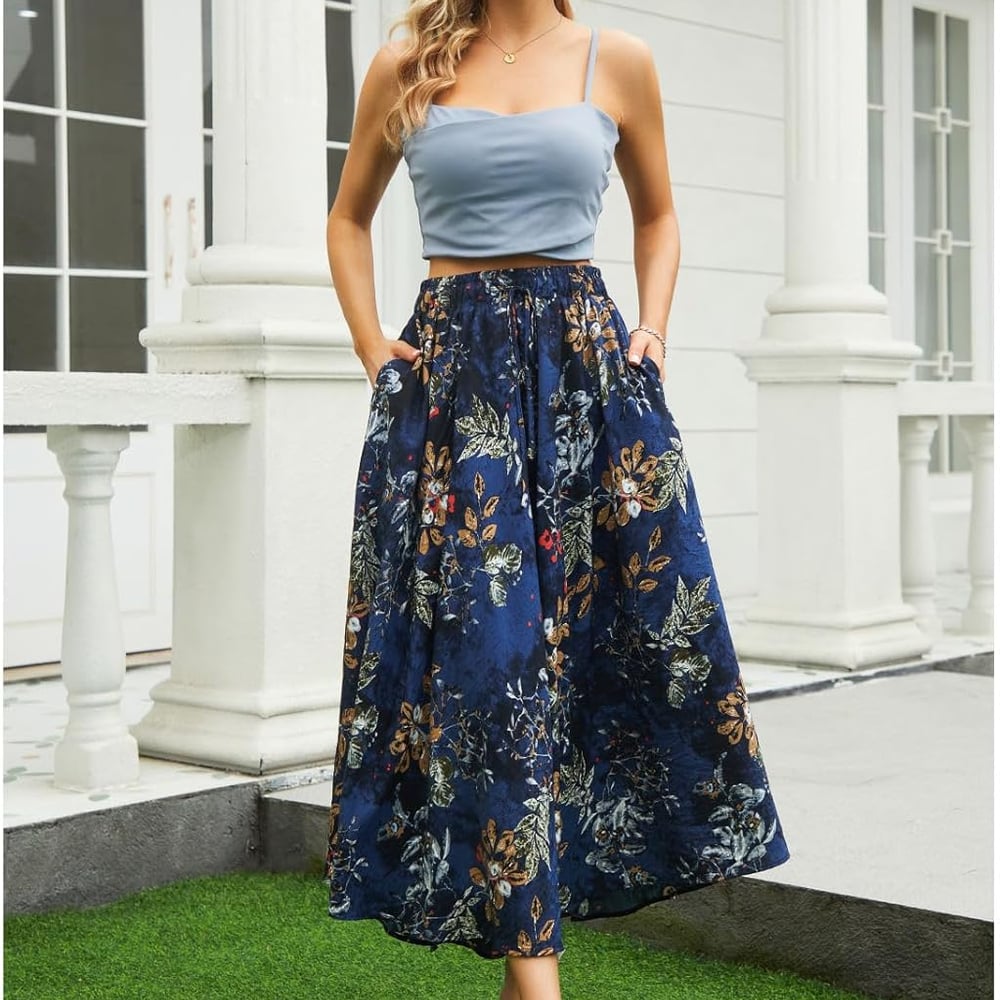 Maxi Skirts for Women with Pockets Long Midi Blue Floral
