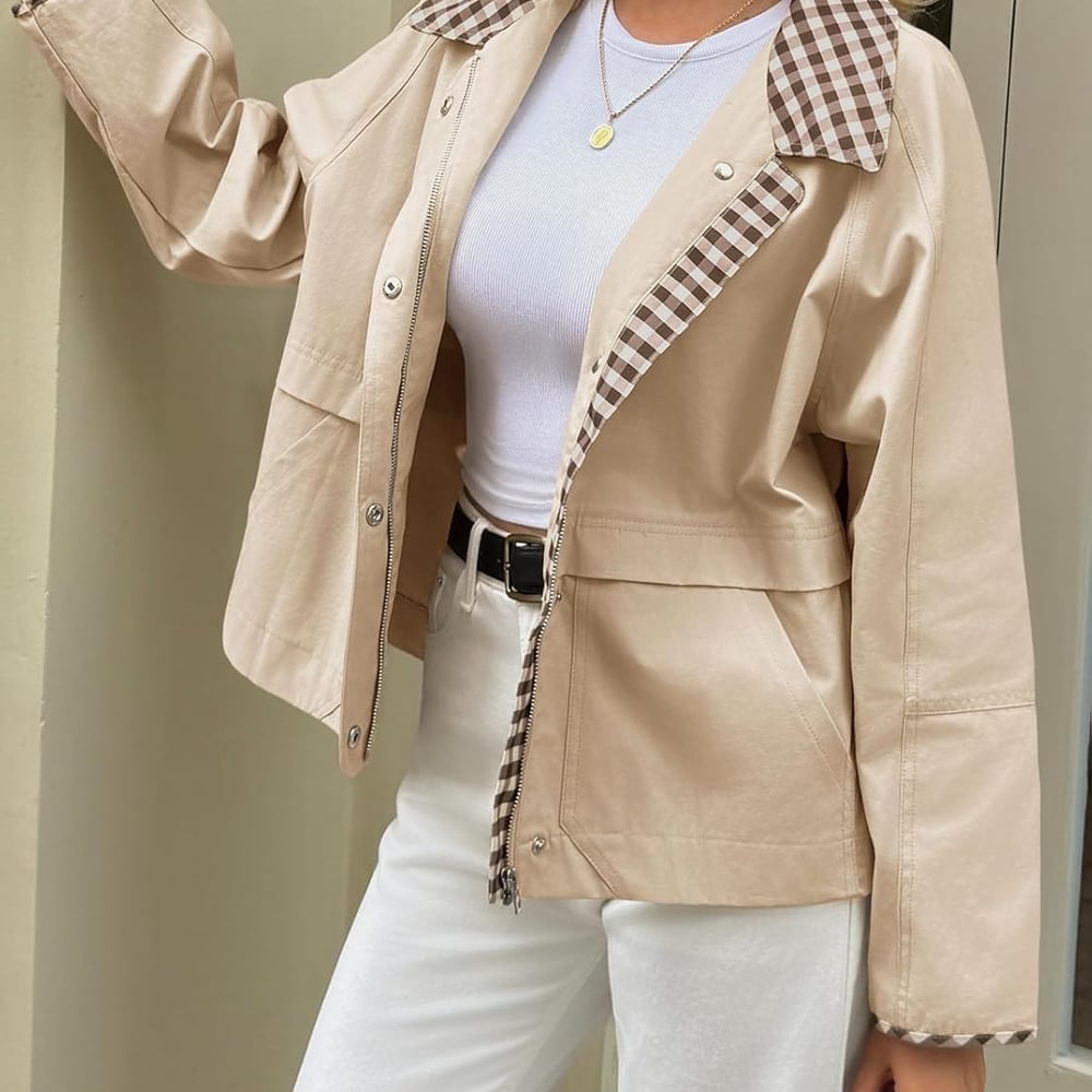 Womens Cropped Jacket Lightweight Casual Zip Up Barn Jackets Fall Contrast Plaid Outerwear Coat