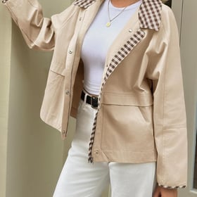 Womens Cropped Jacket Lightweight Casual Zip Up Barn Jackets Fall Contrast Plaid Outerwear Coat