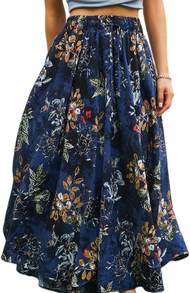 Maxi Skirts for Women with Pockets Long Midi Blue Floral
