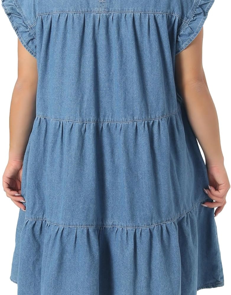 Plus Size Denim Dress for Women 2026 Summer Babydoll Ruffle Sleeve Loose Flowy Swing Pleated Jean Dresses