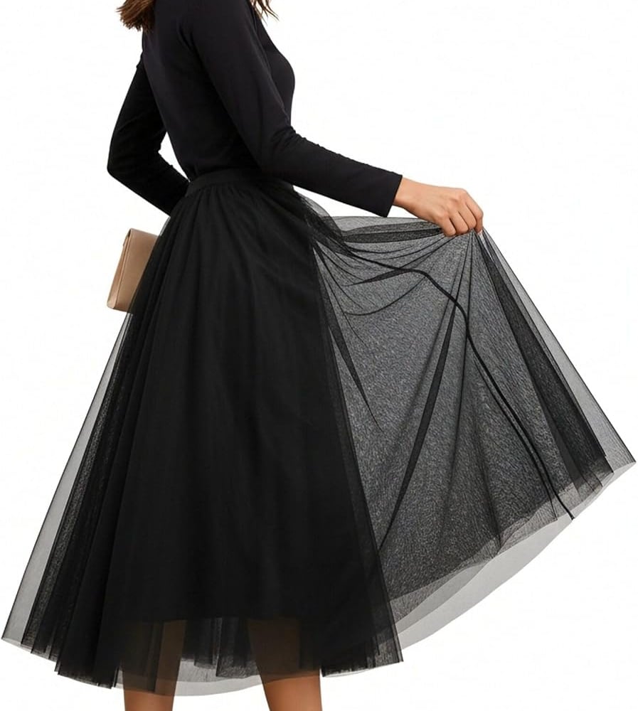 3-Season Women's Tulle Skirt Elastic High Waist A-Line Layered Flowy Long Tutu | Date Night Fall Party Casual Wear