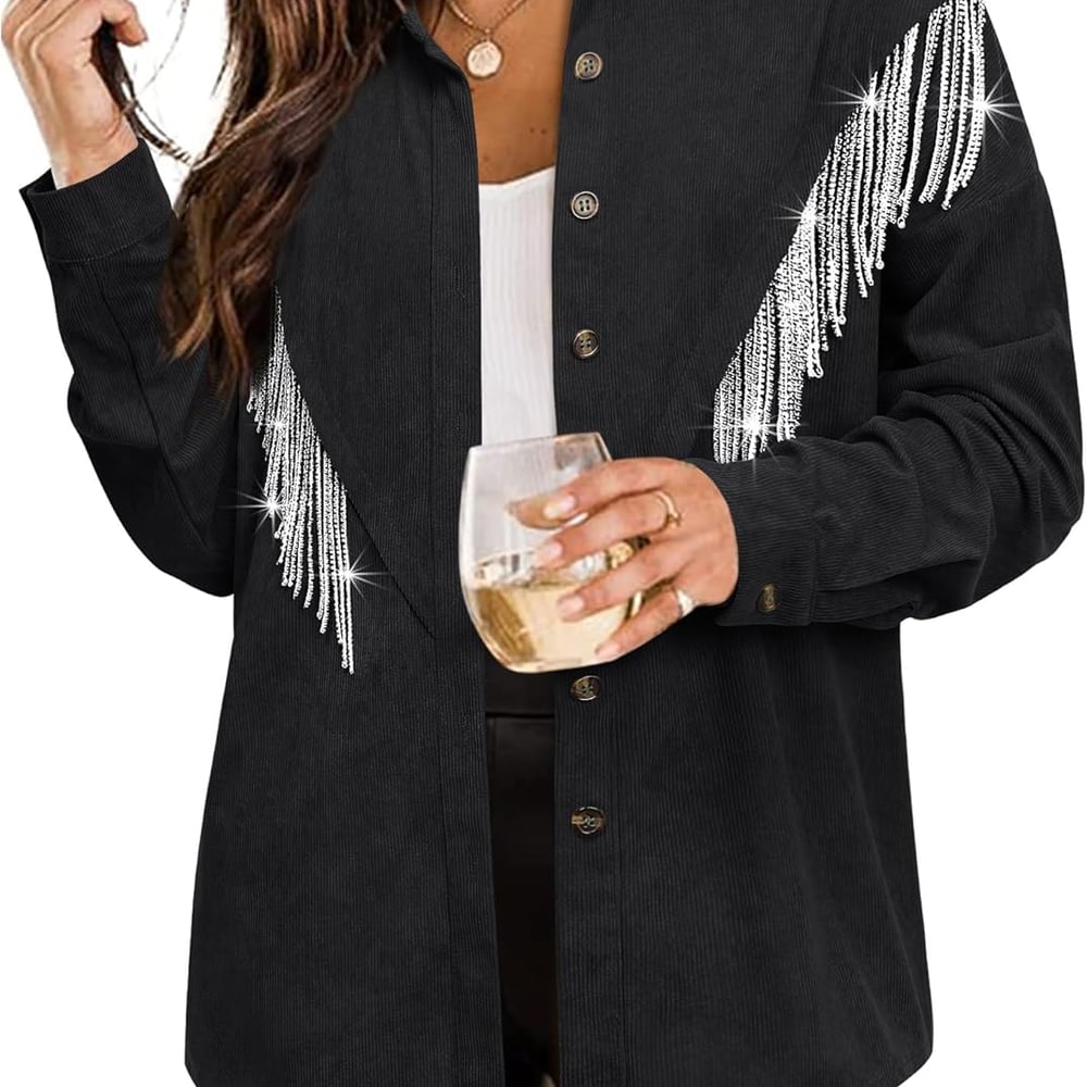 Womens Corduroy Nashville Sparkly Rhinestone Fringe Shacket Concert Outfits Long Sleeves Spakle Tassel Shirt Jacket