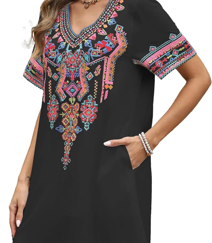 Mexican Embroidered Boho Dress for Women Short Sleeve Cotton Dress with Pockets Plus Size Peasant Summer Fiesta Dresses
