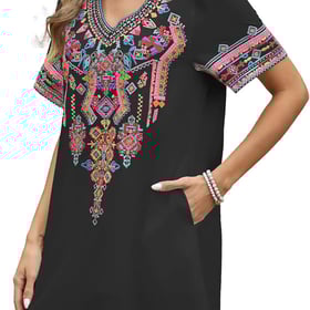 Mexican Embroidered Boho Dress for Women Short Sleeve Cotton Dress with Pockets Plus Size Peasant Summer Fiesta Dresses