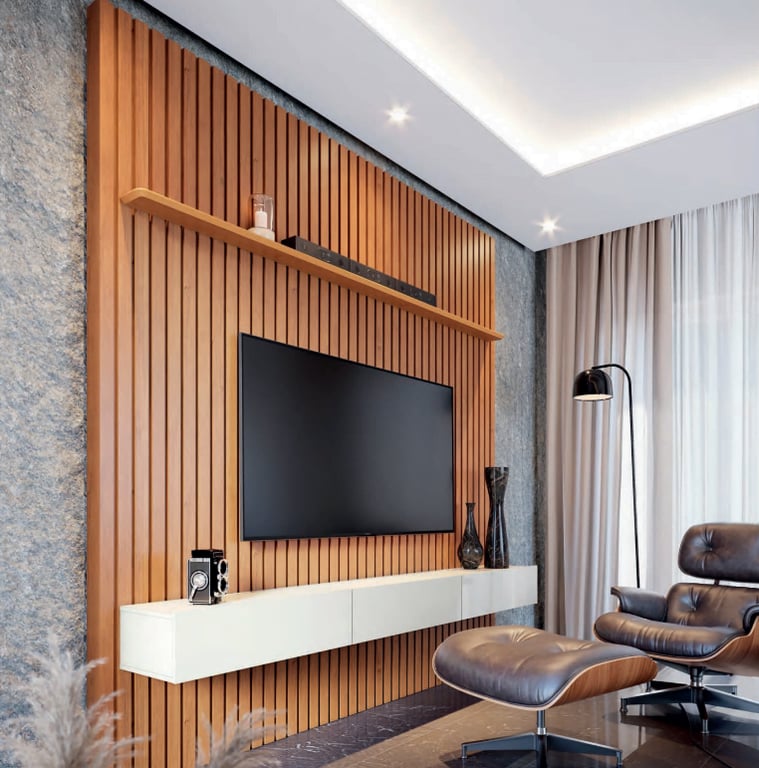 Home Ripado Modular com painel de ripas verticais em madeira e rack suspenso laqueado em sala de estar