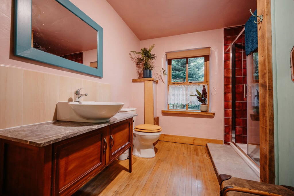 Bathroom with a shower, flushing toilet and sink