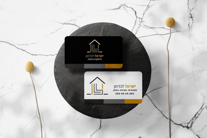 Clean minimal business card mockup on black stone plate with flo