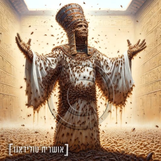 DALL·E-2024-04-10-19.33.50---Create-an-image-depicting-an-ancient-Egyptian-figure,-fully-clothed-with-a-shirt-including-long-sleeves,-overwhelmed-with-millions-of-lice