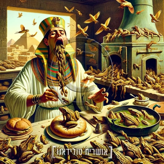 DALL·E-2024-03-17-02.27.19---In-ancient-Egypt-during-the-time-of-the-Pharaohs,-a-mealtime-scene-unfolds-amidst-the-Plague-of-Frogs