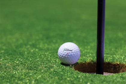 Picture of a Titleist golf ball on the edge of the hole on a golfing green