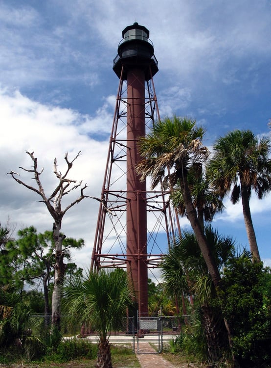 The Anclote Key Lighthouse, built in 1887, stands at the southern tip of Anclote Key at the mouth of the Anclote River. A reproduction 4th order Fresnel lens was installed by the Park Service and the Coast Guard in 2003. The light emits four flashes every 30 seconds with an estimated visibility of five miles.