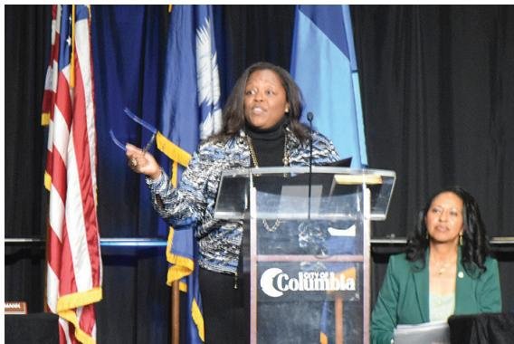 Columbia City Councilwomen Tina Herbert addresses the crowd.