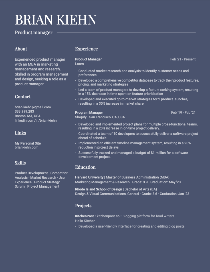 Product Manager resume example