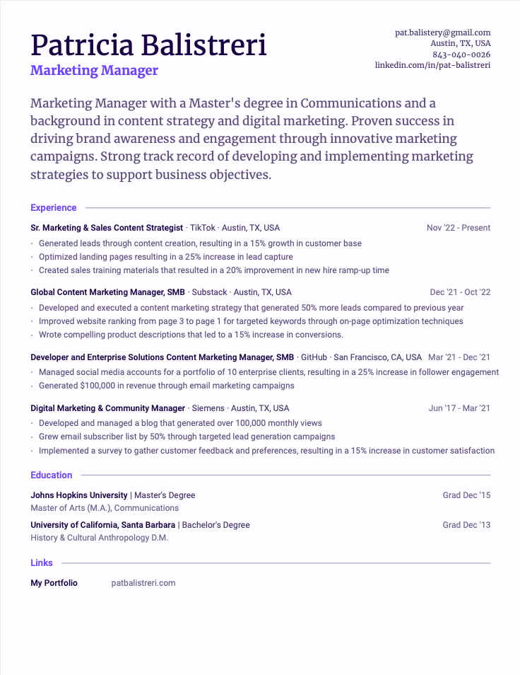 Marketing Manager resume example