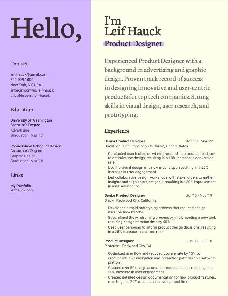 Product Designer resume example