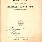 Inside cover page of the official Cocoanut Grove Fire Report, inscribed with a notation: Engine 22 Library, in the papers of Captain John L. Glynn, Engine Co. 22.