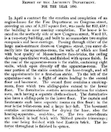 A description of the firehouse, from the Annual Report of the City Architect Department for 1890.