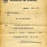 Transfer notice for Lieutenant John F. Pettit, from Ladder Co. 23 to Engine Co. 25, effective May 31, 1929.