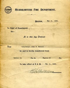 Transfer notice for Lieutenant John F. Pettit, from Ladder Co. 23 to Engine Co. 25, effective May 31, 1929.