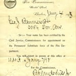Certification notice for appointment as a Permanent Substitute, to report to BFD Headquarters January 7, 1898.