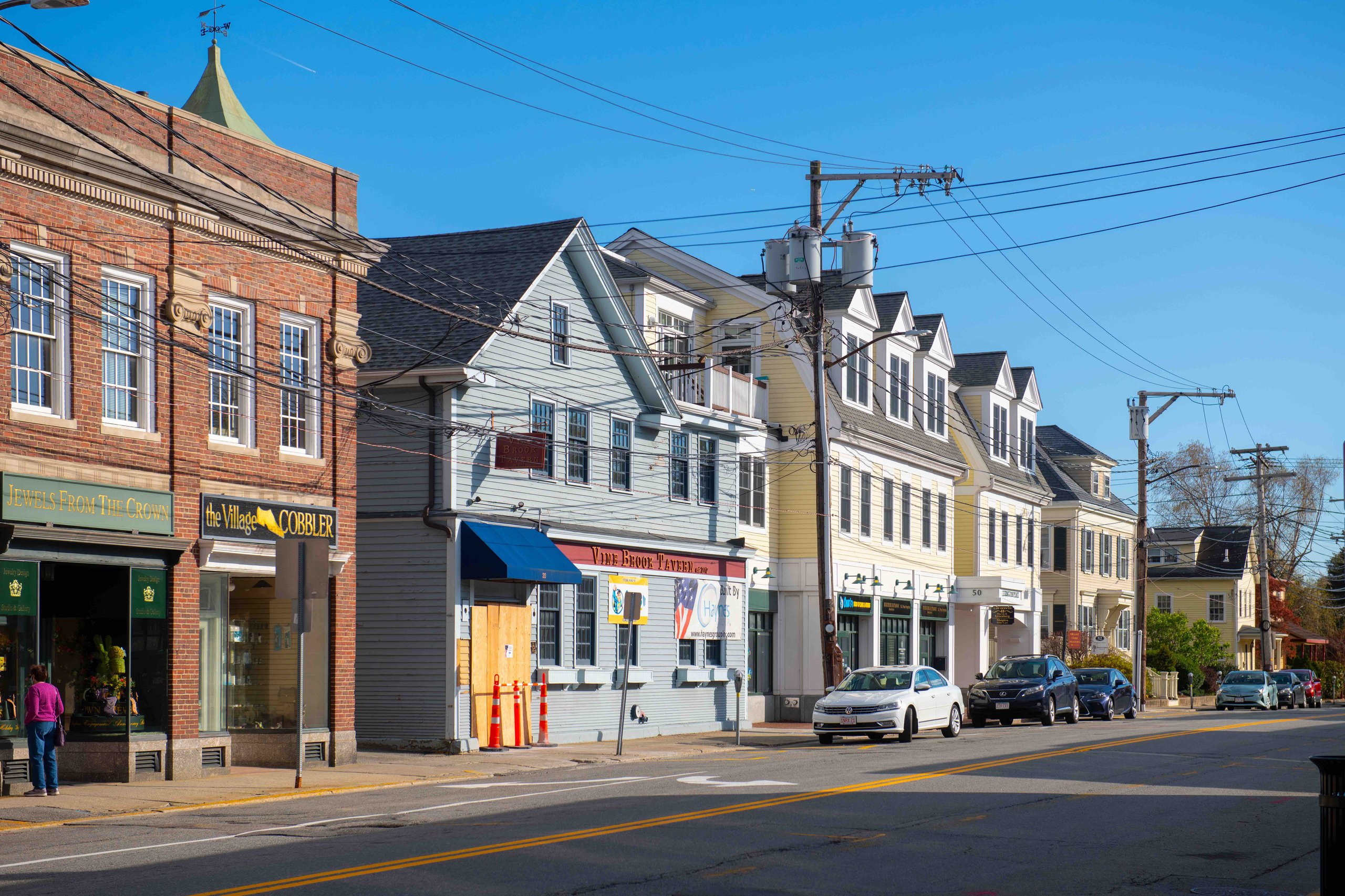 Historic commercial buildings on Waltham Street in Lexington.