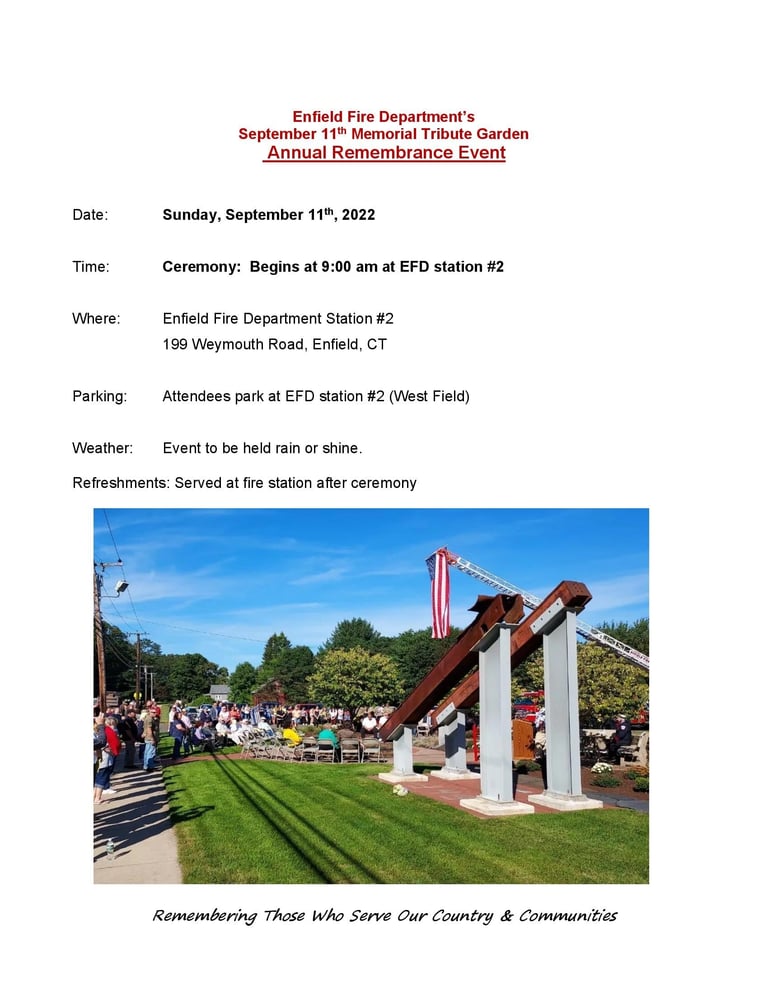 Enfield Fire District No. 1 Invites Community Members to 9/11 Memorial Tribute Garden Annual Remembrance Event