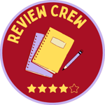 Red circle with a graphic of two notebooks and a pencil. Text above the notebooks reads REVIEW CREW.