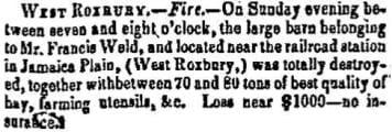 Newspaper report of a barn fire in West Roxbury on 11/25/1851.