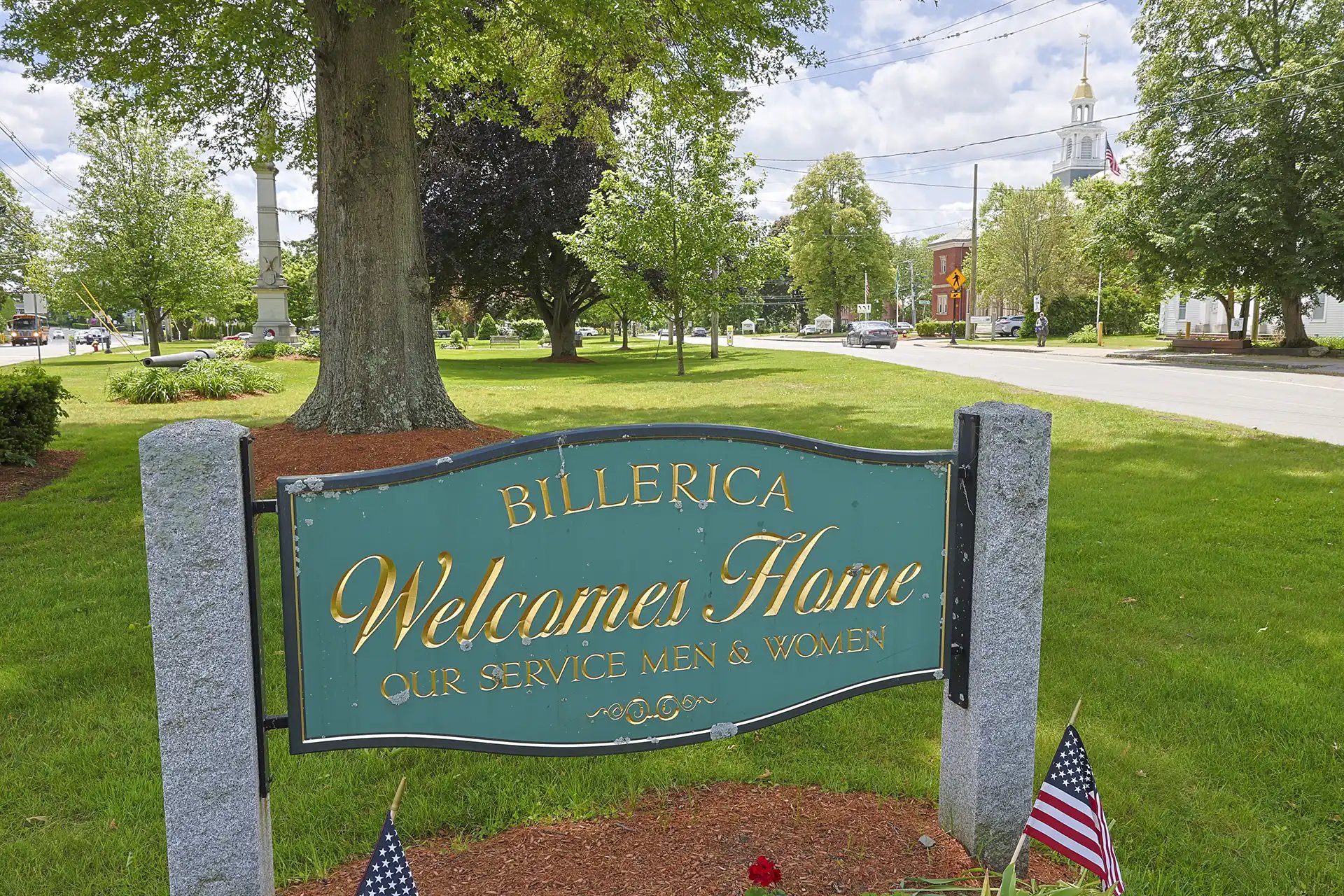Aerial view of Billerica, MA town center.