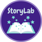 A dark purple circle with a graphic of a book with blue stars coming out of the pages. Text above the graphic reads StoryLab.