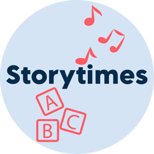 Light blue circle with the text Storytimes inside and red line drawings of musical notes and ABC blocks.