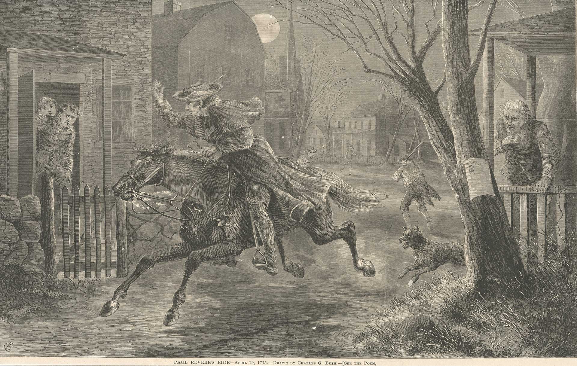 Historical Illustration of Paul Revere's iconic ride through Lexington, Massachusetts.