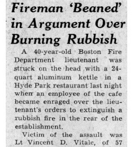 Newspaper story of the injury to Fire Lieutenant Vincent D. Vitale on 09/28/1950.