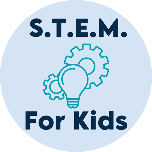 Light blue circle with the text S.T.E.M. For Kids inside, with a green line drawing of a lightbulb and gears in the middle.